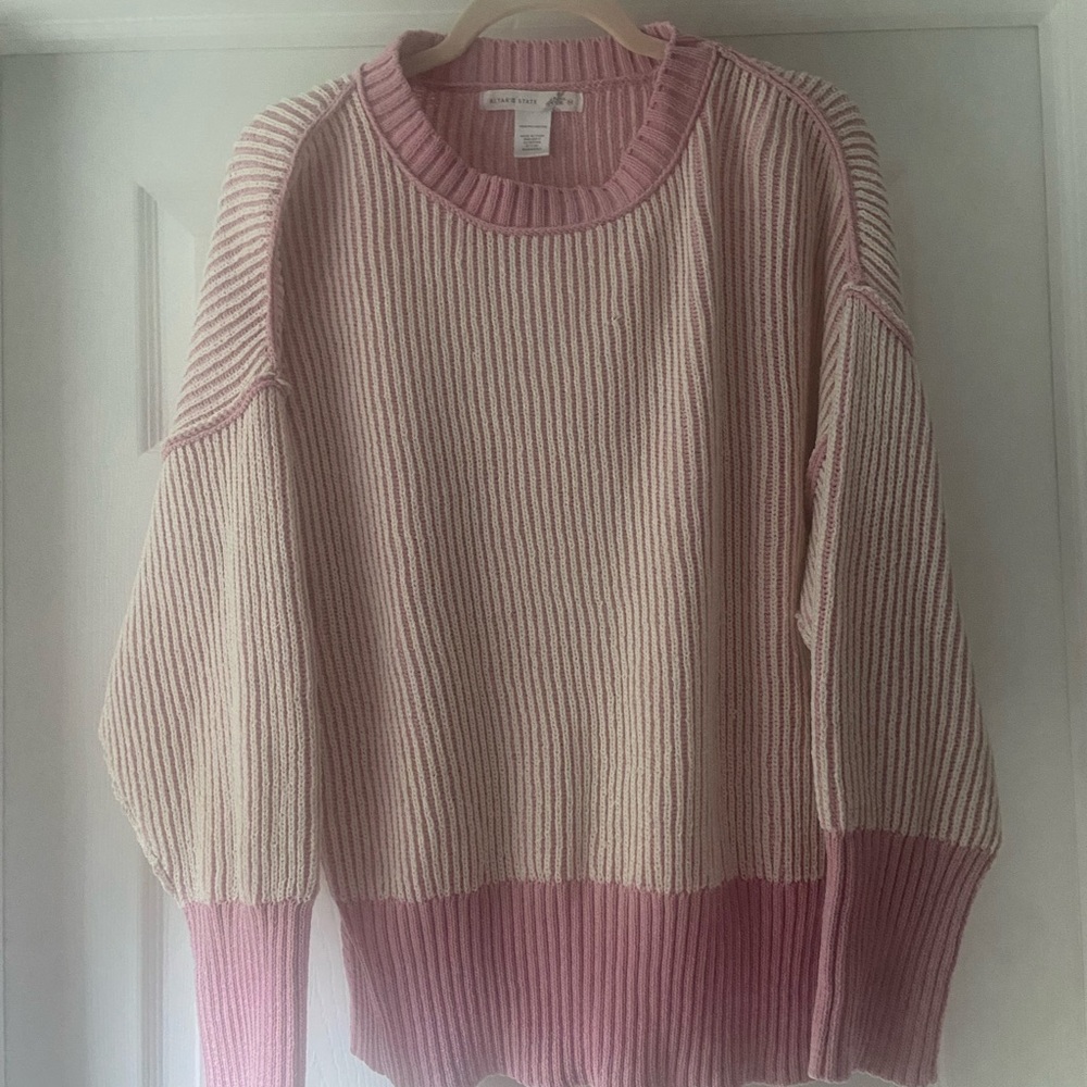 Altar'd State Pink and Cream Colorblock Ribbed Crew Sweater